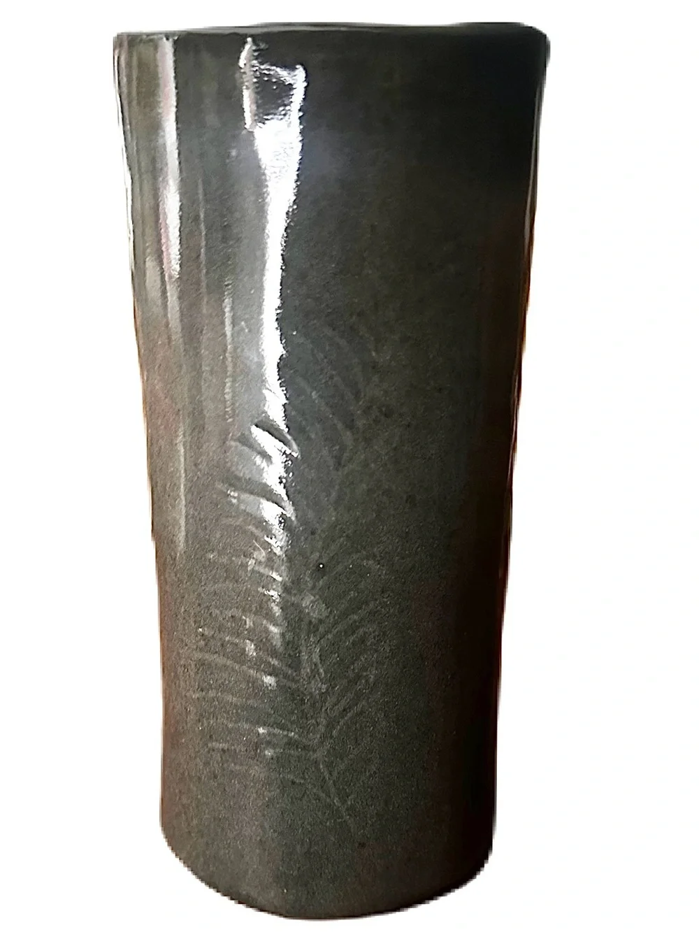 Studio Pottery Vase Stoneware Cylindrical Botanical Vessel MD Maker Mark